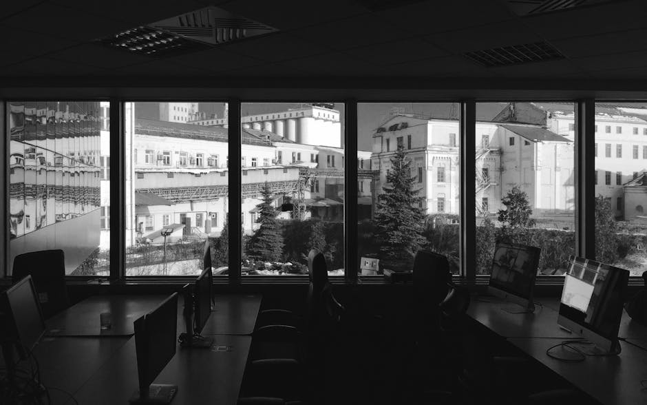 Interior shot of a Kyiv office with historic architectural view through large windows.